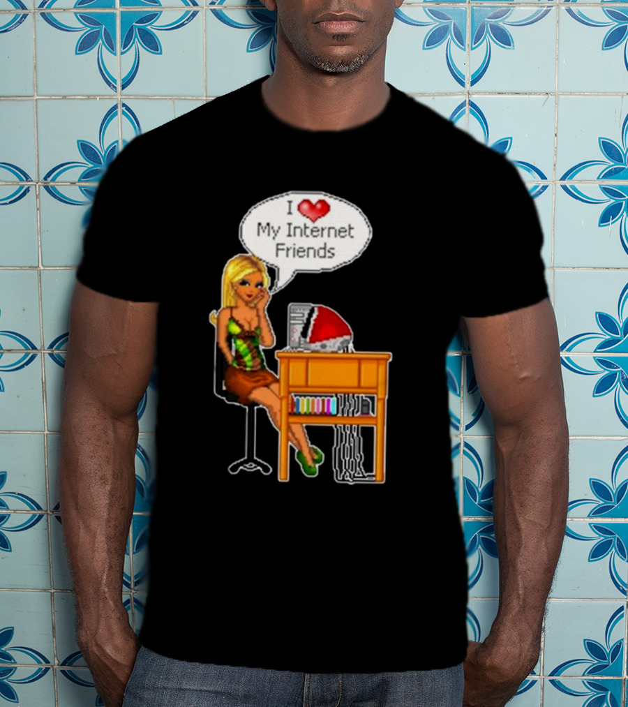 Cherrykitten I Love My Internet Friends Y2K Vintage Blonde Girl At Desk Pixel T-Shirt