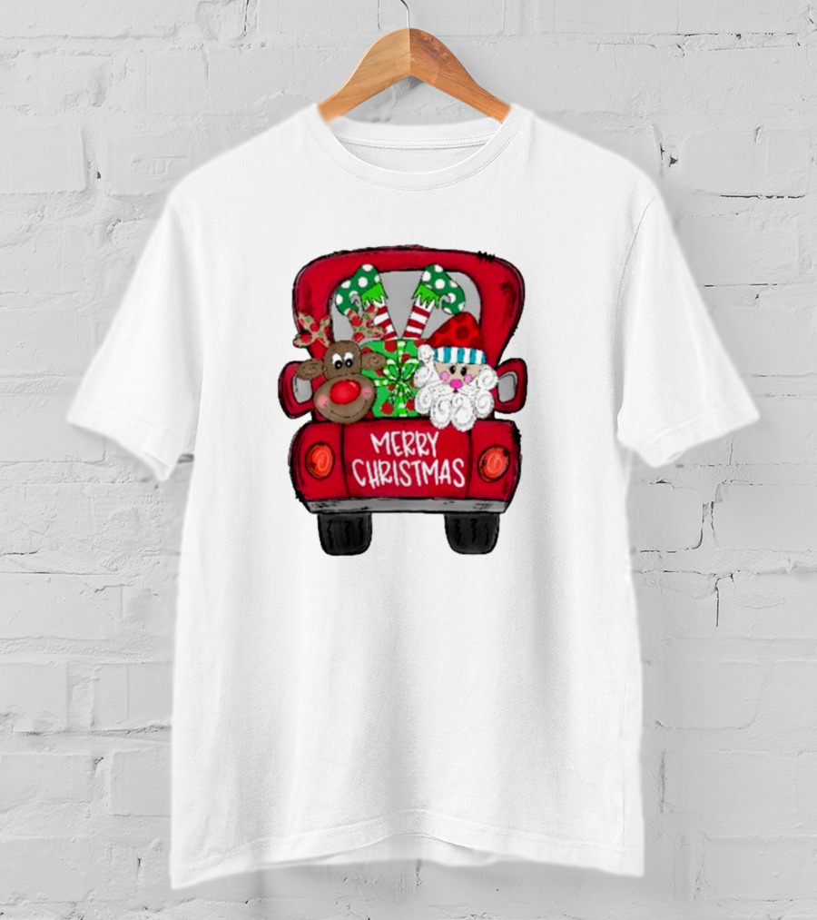 Merry Christmas Santa And Reindeer With Presents In Truck T-Shirt