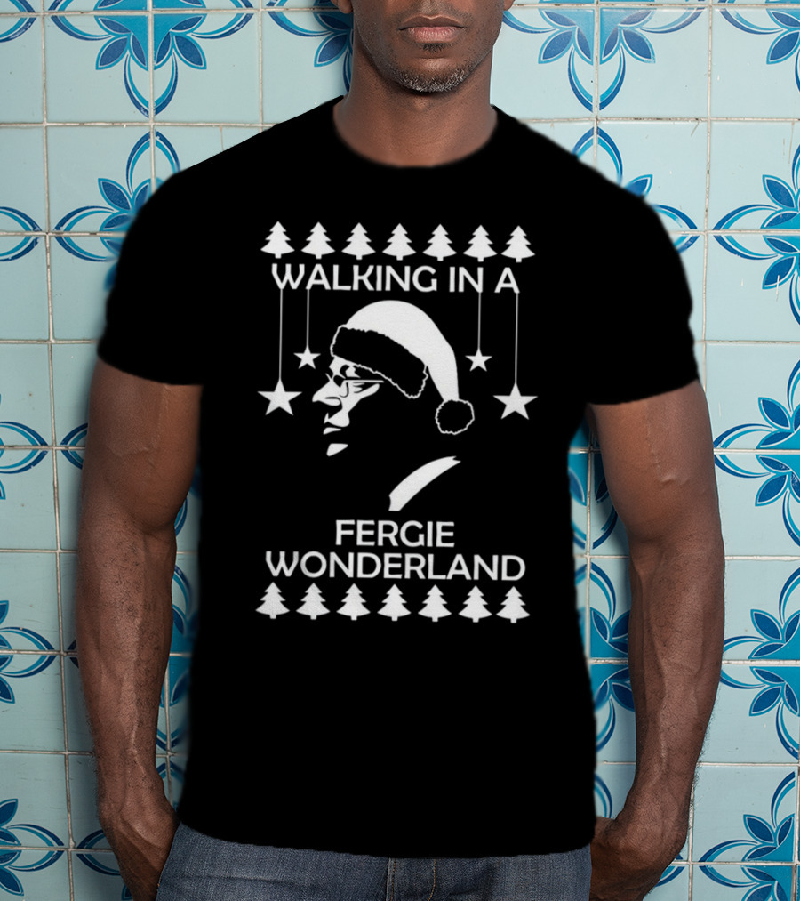 Walking In A Fergie Wonderland Christmas Festive Santa Hat Trees Stars T-Shirt
