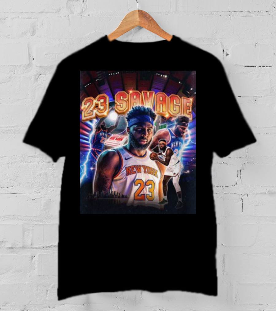 New York Knicks 23 Savage Mitchell Robinson Stadium Lightning Background T-Shirt