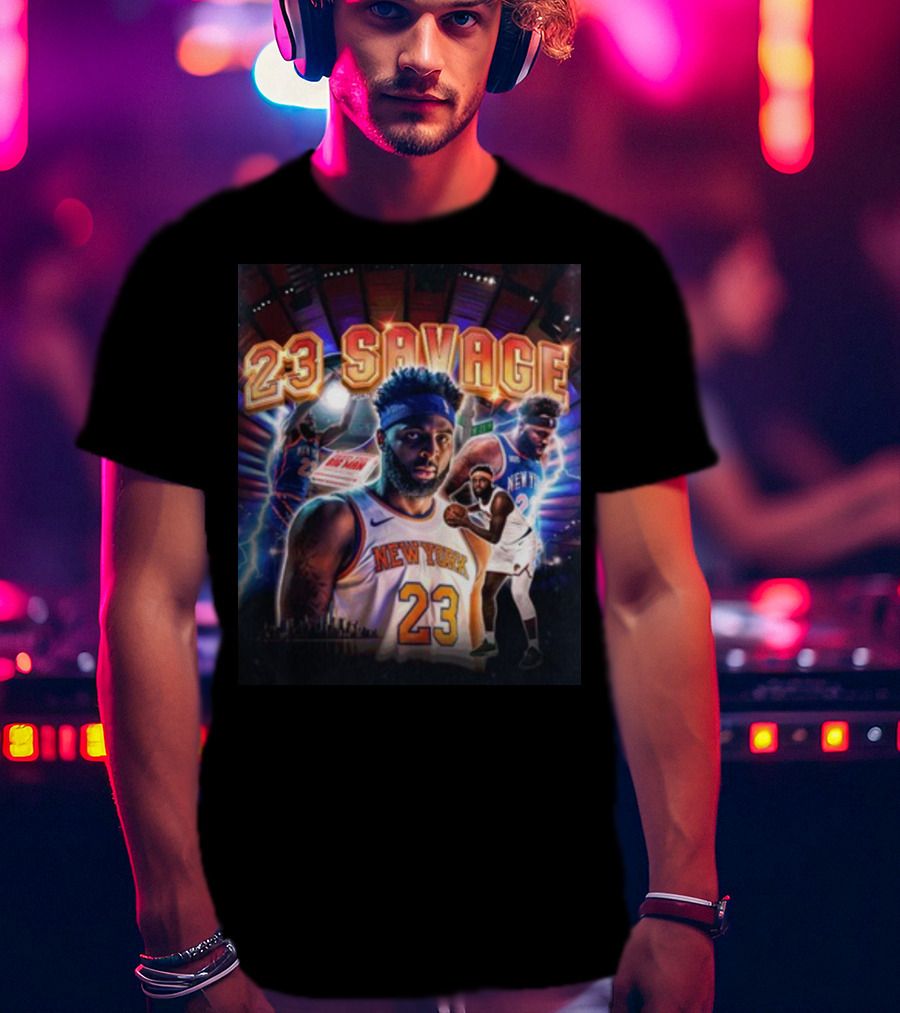 New York Knicks 23 Savage Mitchell Robinson Stadium Lightning Background T-Shirt