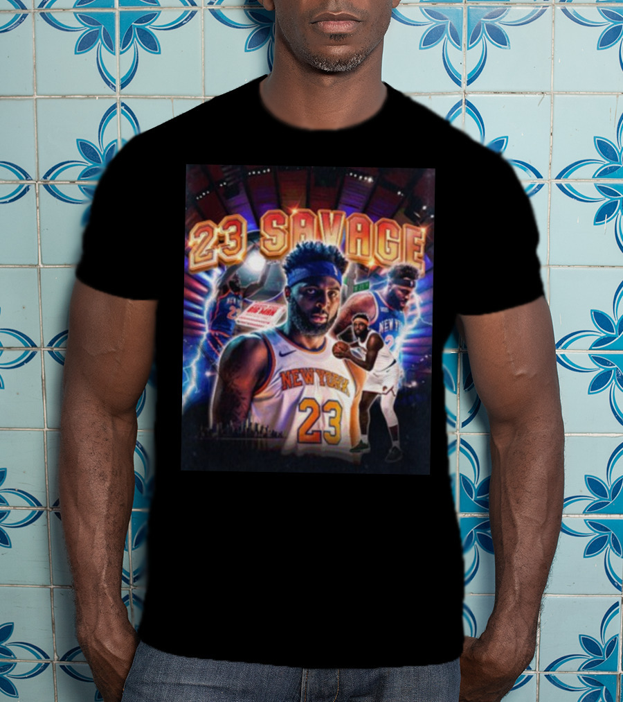 New York Knicks 23 Savage Mitchell Robinson Stadium Lightning Background T-Shirt