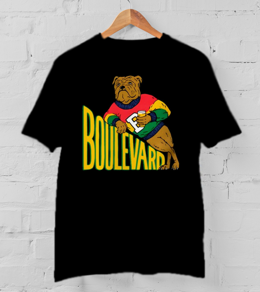 Boulevard Bully Dog In Colorful Sweater Holding Drink T-Shirt