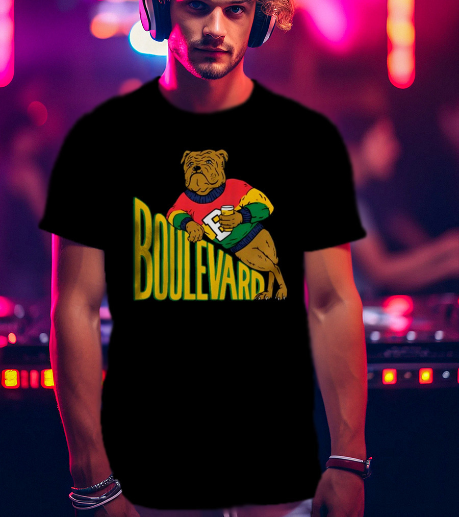 Boulevard Bully Dog In Colorful Sweater Holding Drink T-Shirt