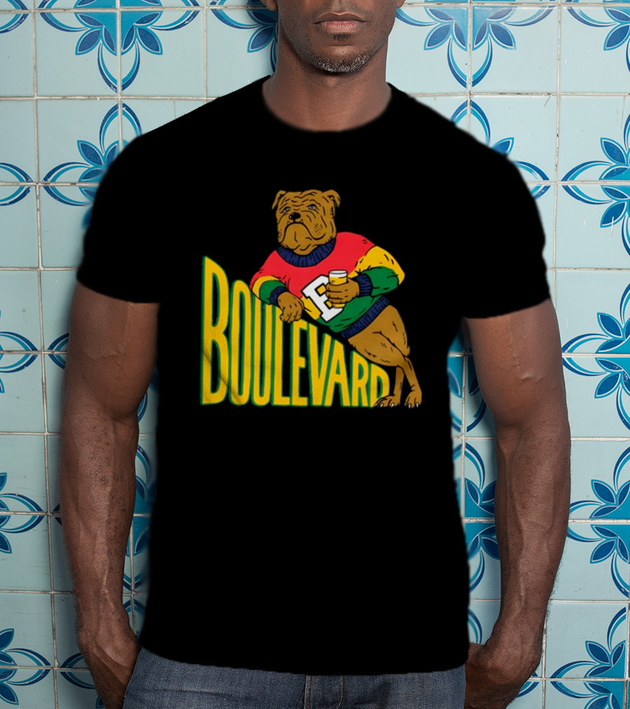 Boulevard Bully Dog In Colorful Sweater Holding Drink T-Shirt