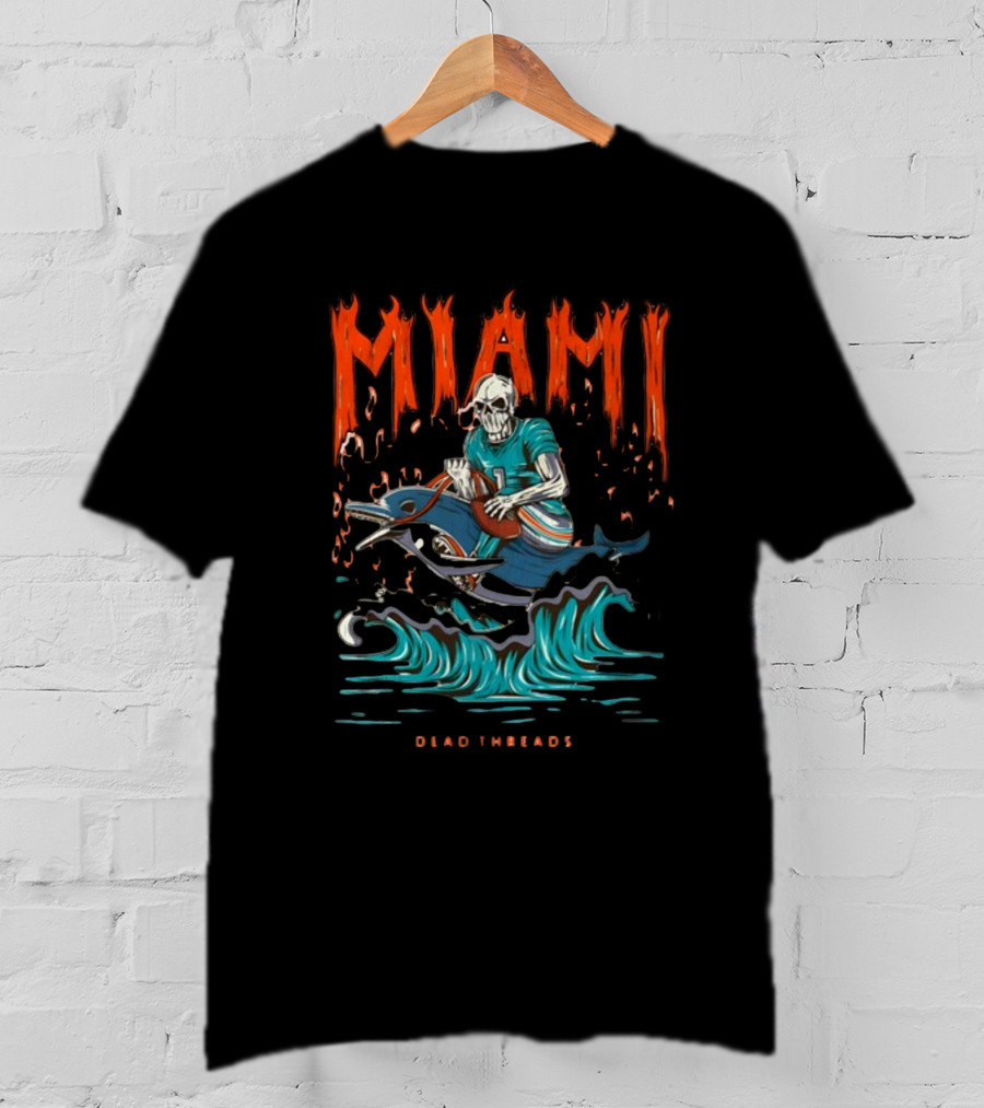 MIAMI Dead Threads Skeleton Surfer On Dolphin Football Adventure T-Shirt