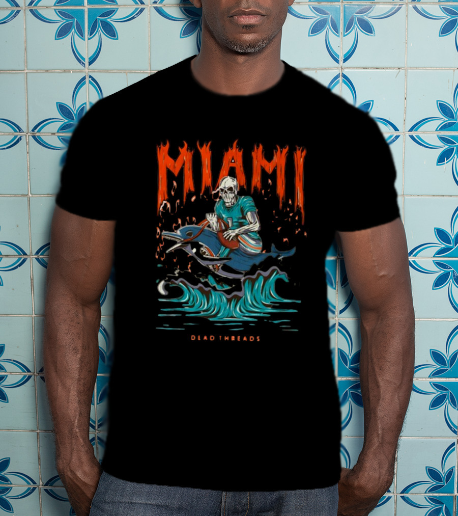 MIAMI Dead Threads Skeleton Surfer On Dolphin Football Adventure T-Shirt