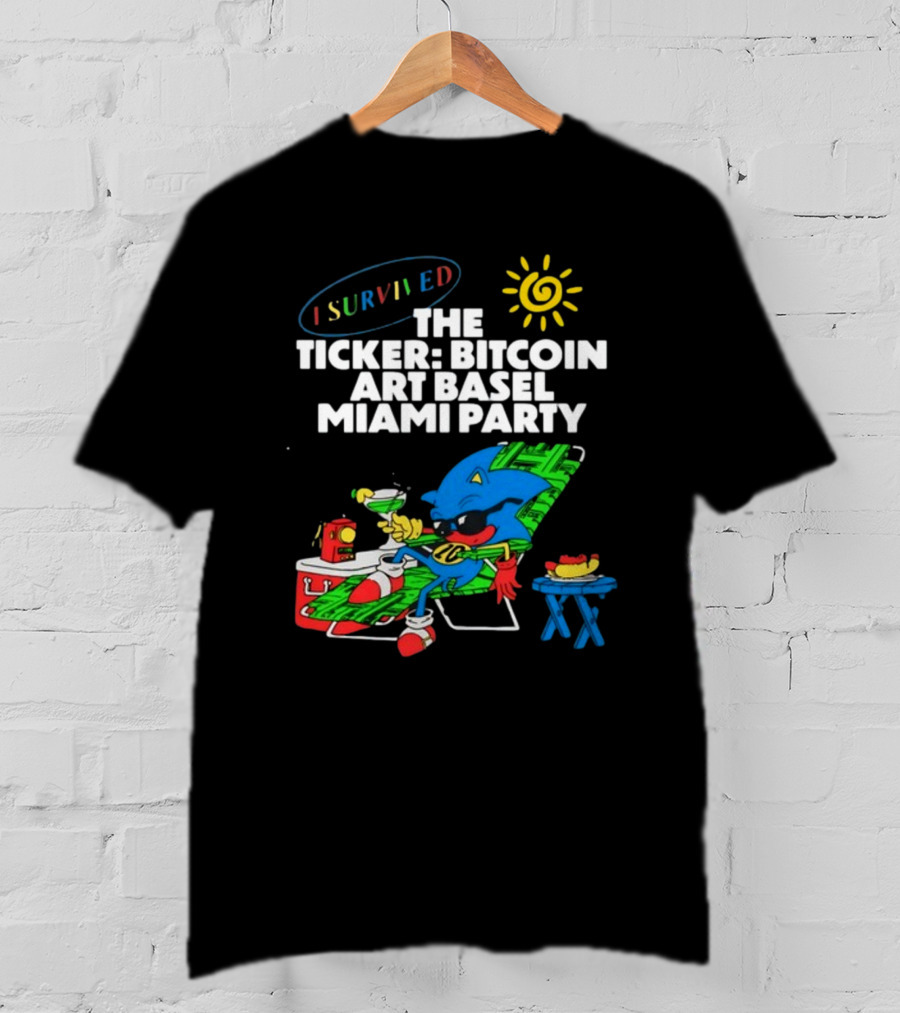 I Survived The Ticker Bitcoin Art Basel Miami Party Lounge Character Sun Cocktail T-Shirt