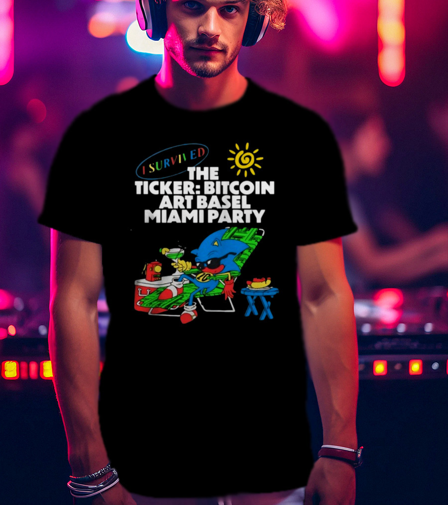 I Survived The Ticker Bitcoin Art Basel Miami Party Lounge Character Sun Cocktail T-Shirt