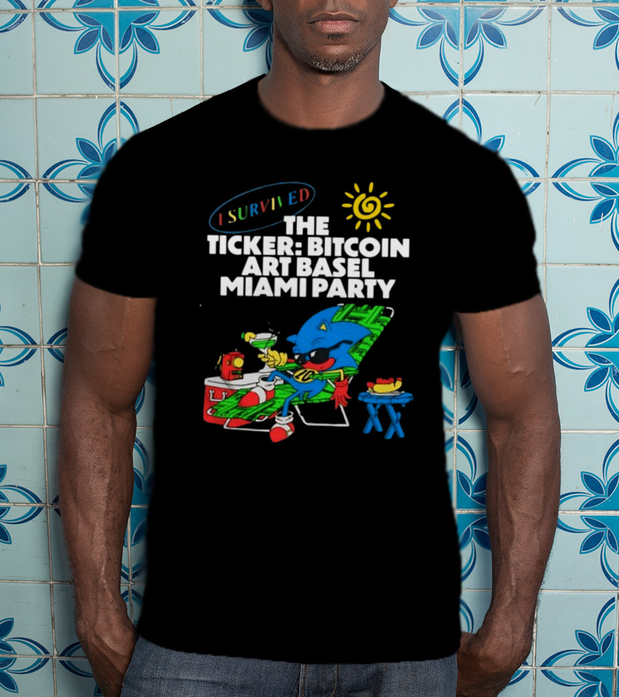 I Survived The Ticker Bitcoin Art Basel Miami Party Lounge Character Sun Cocktail T-Shirt