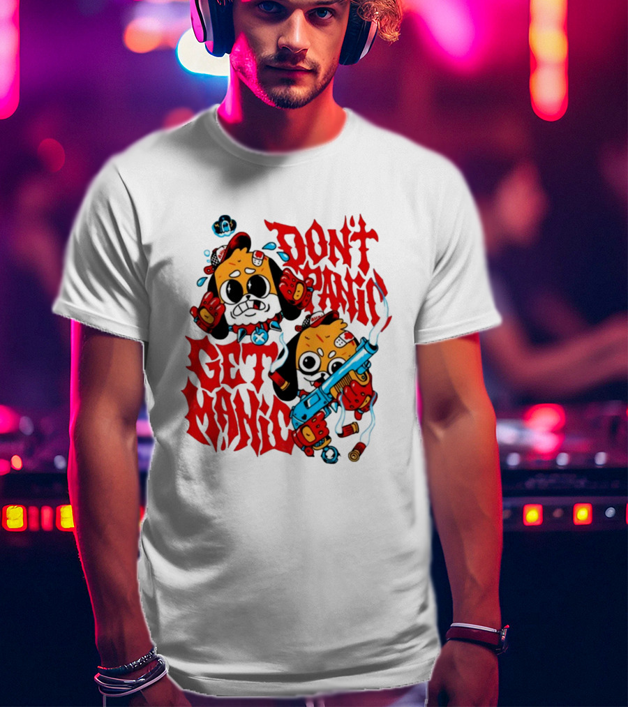 Don't Panic Get Manic Cartoon Characters With Colorful Styling And Playful T-Shirt