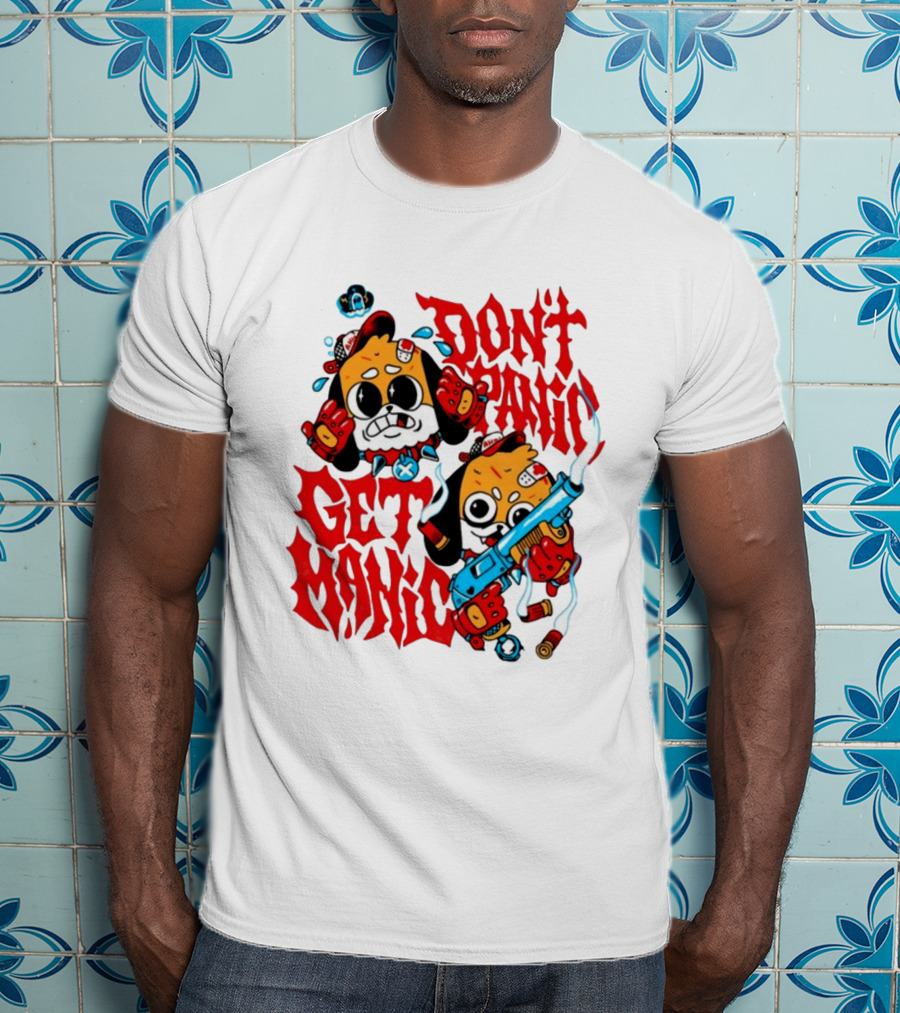 Don't Panic Get Manic Cartoon Characters With Colorful Styling And Playful T-Shirt