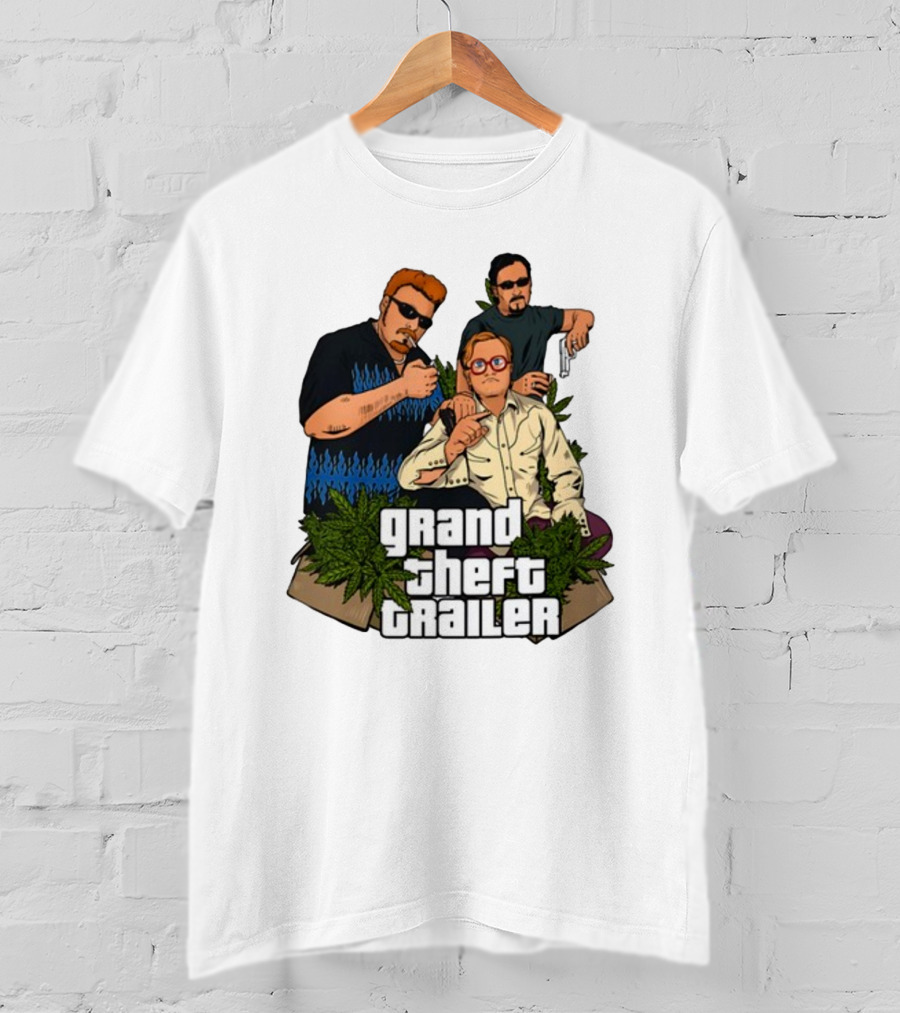 Grand Theft Trailer Cannabis Comedy Trio With Sunglasses And Pistol T-Shirt