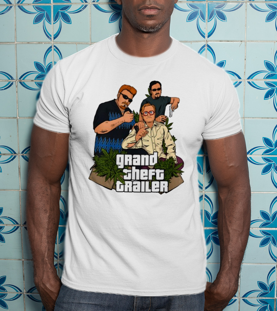 Grand Theft Trailer Cannabis Comedy Trio With Sunglasses And Pistol T-Shirt