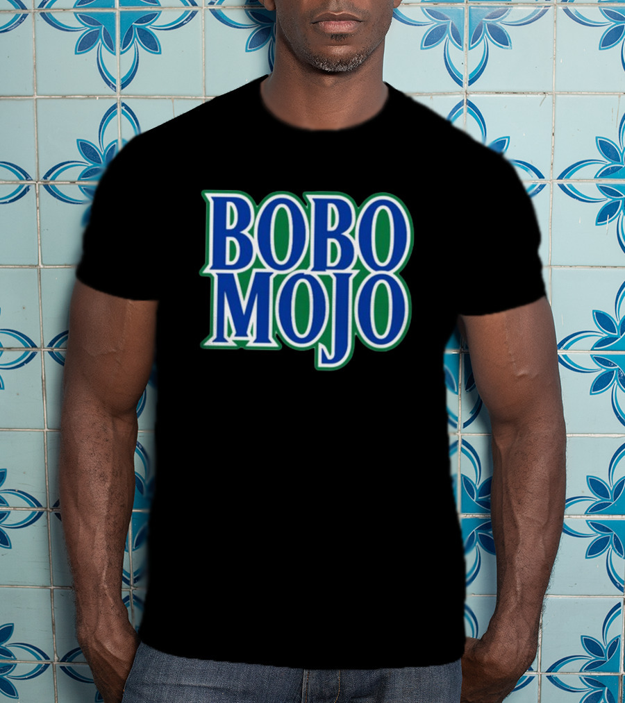 BOBO MOJO Retro Bold Blue And Green Text T-Shirt