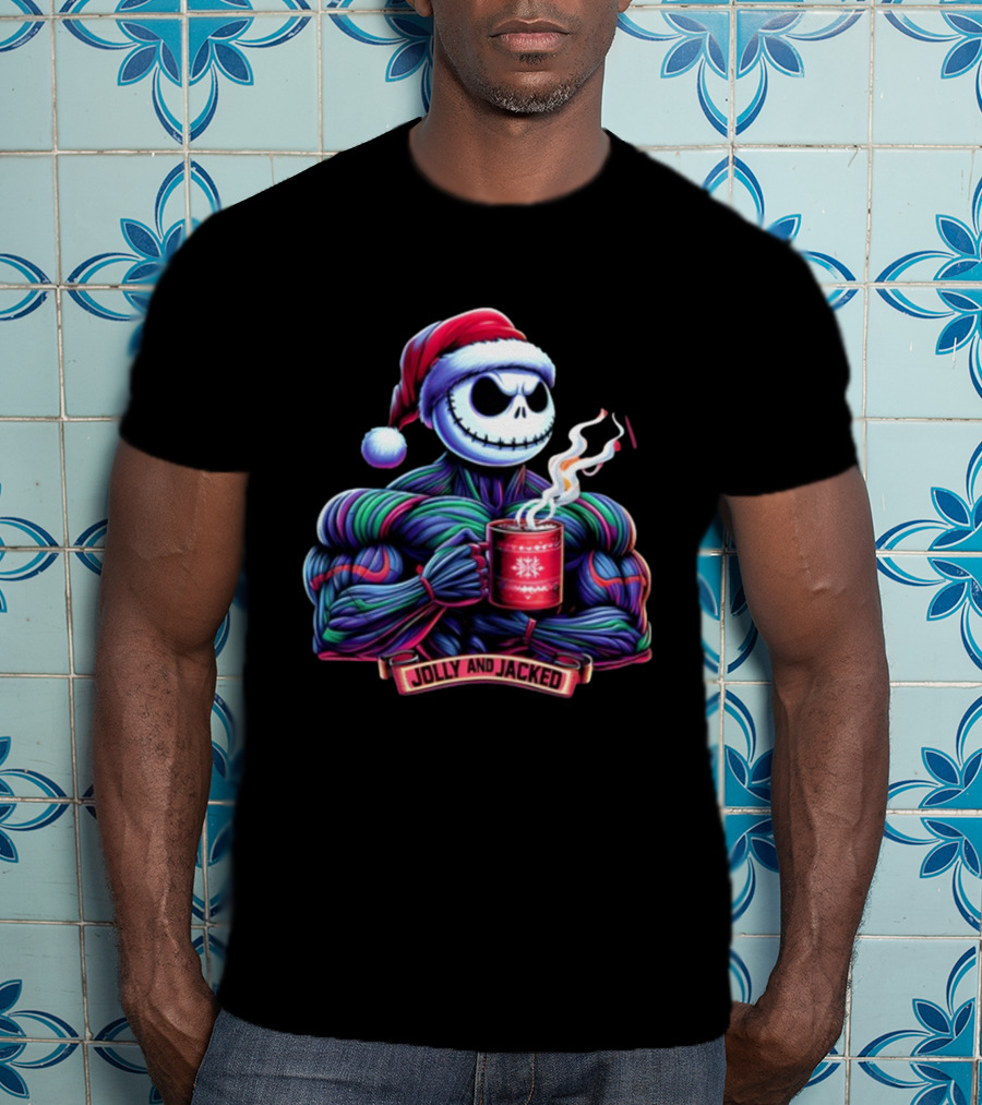 Jolly And Jacked Beyond Average Training Apparel Santa Skeleton Muscle Mug T-Shirt