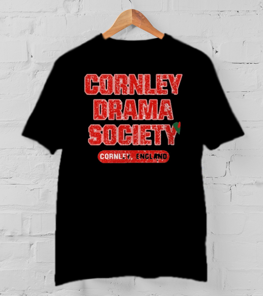 Cornley Drama Society England Red Distressed Text With Holly Leaf T-Shirt