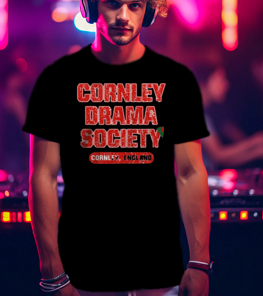 Cornley Drama Society England Red Distressed Text With Holly Leaf T-Shirt