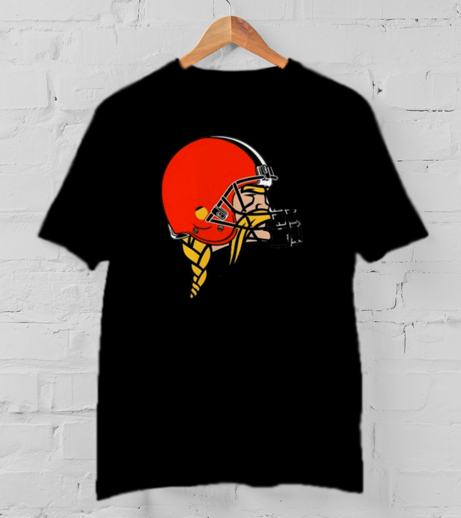 Vikings Helmet Featuring Browns Colors And Iconic Braided Warrior T-Shirt