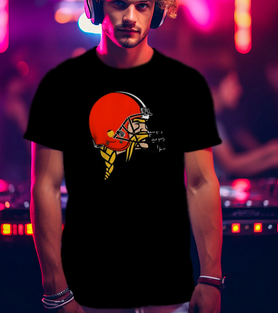 Vikings Helmet Featuring Browns Colors And Iconic Braided Warrior T-Shirt