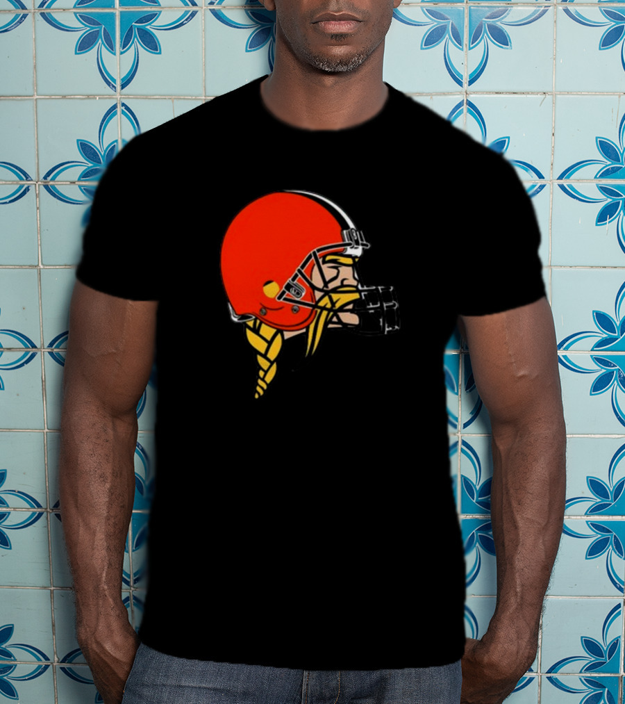 Vikings Helmet Featuring Browns Colors And Iconic Braided Warrior T-Shirt