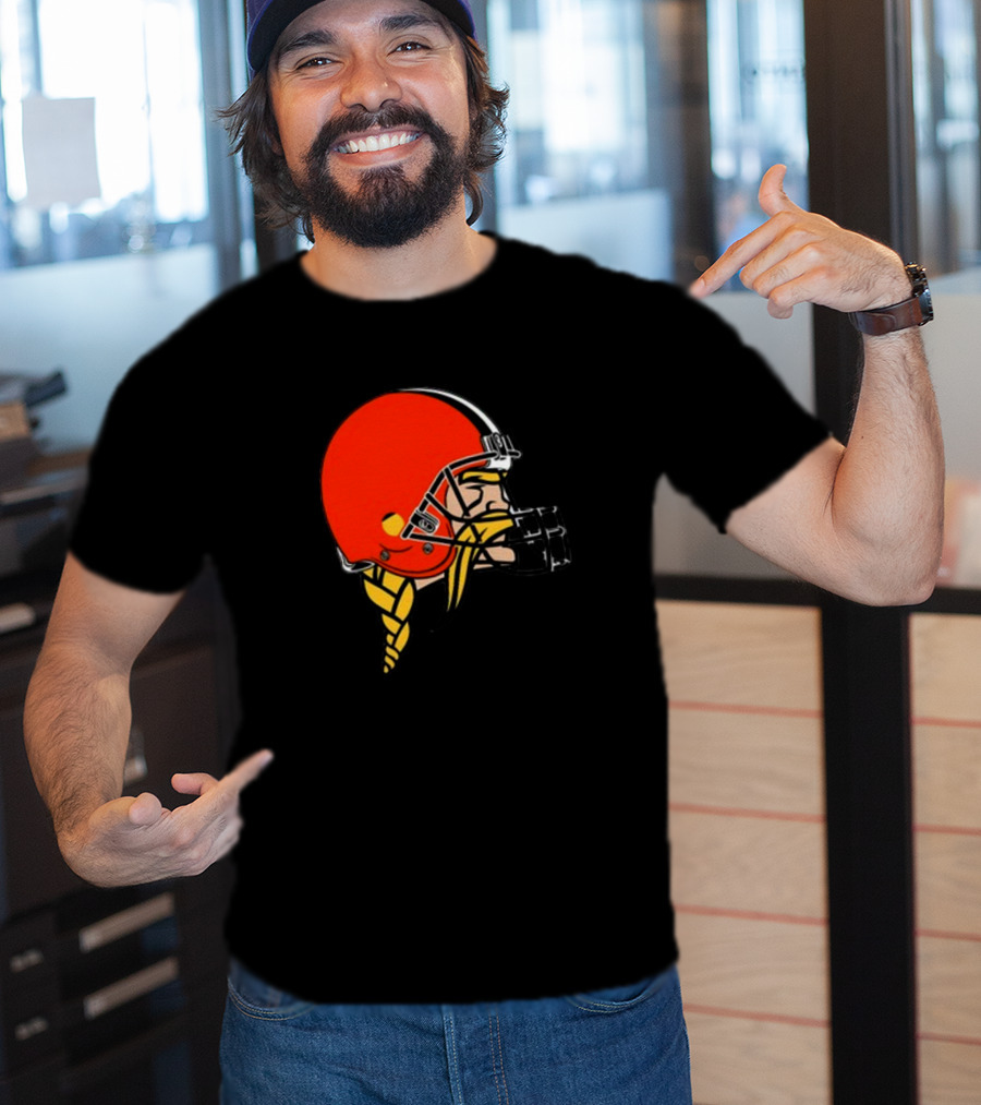 Vikings Helmet Featuring Browns Colors And Iconic Braided Warrior T-Shirt