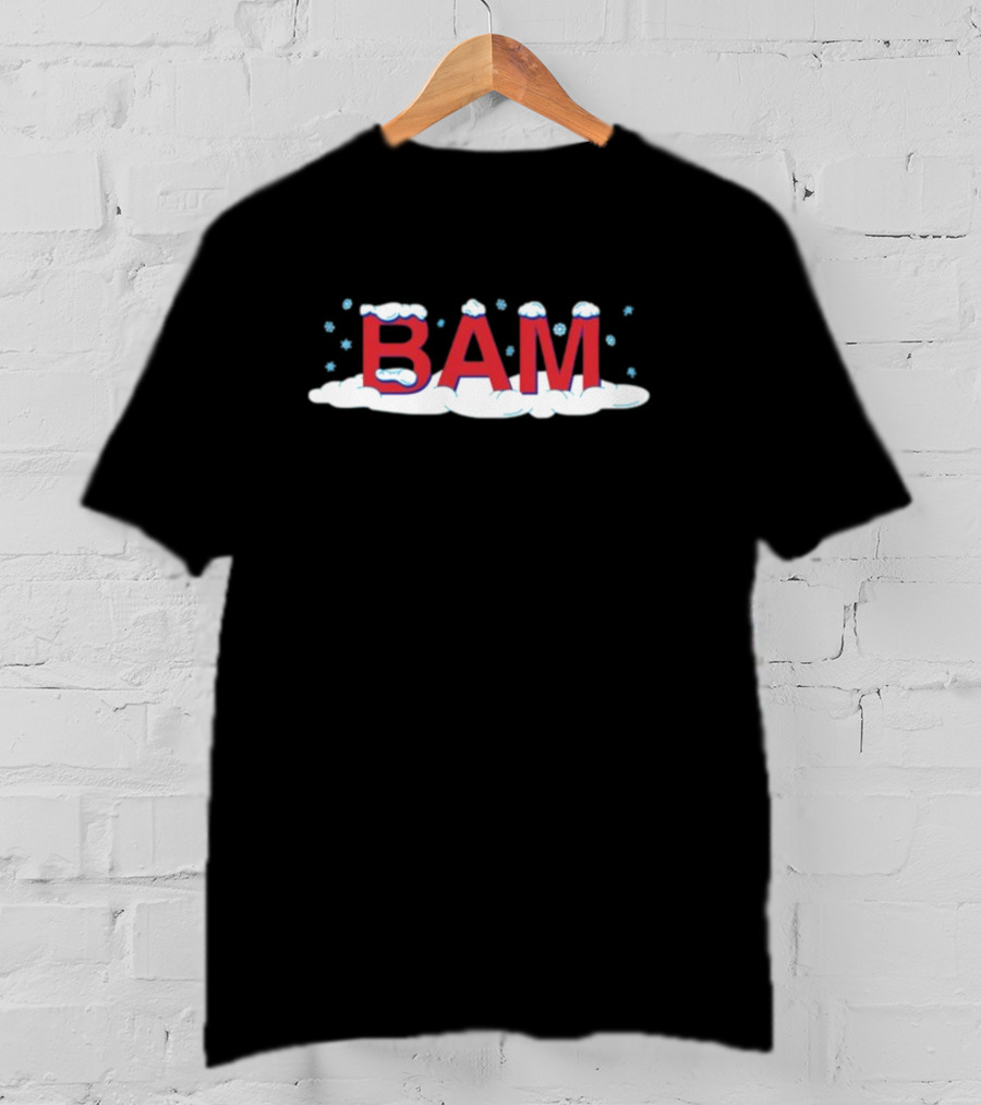 Bam Snow Red Letters With Snowflakes And Clouds T-Shirt