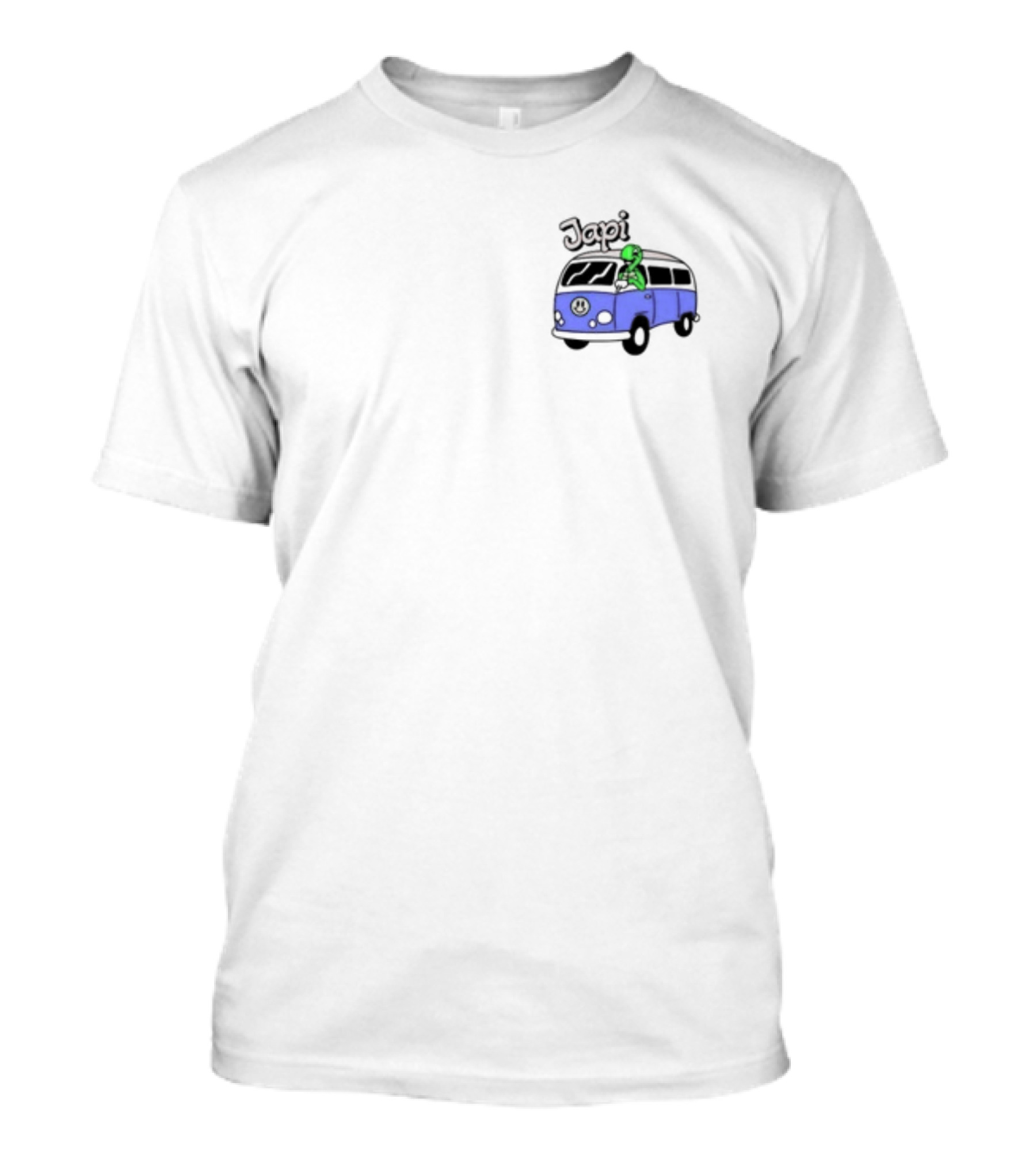 Japi Alien Character Surfer Riding Blue Peace Bus T-Shirt