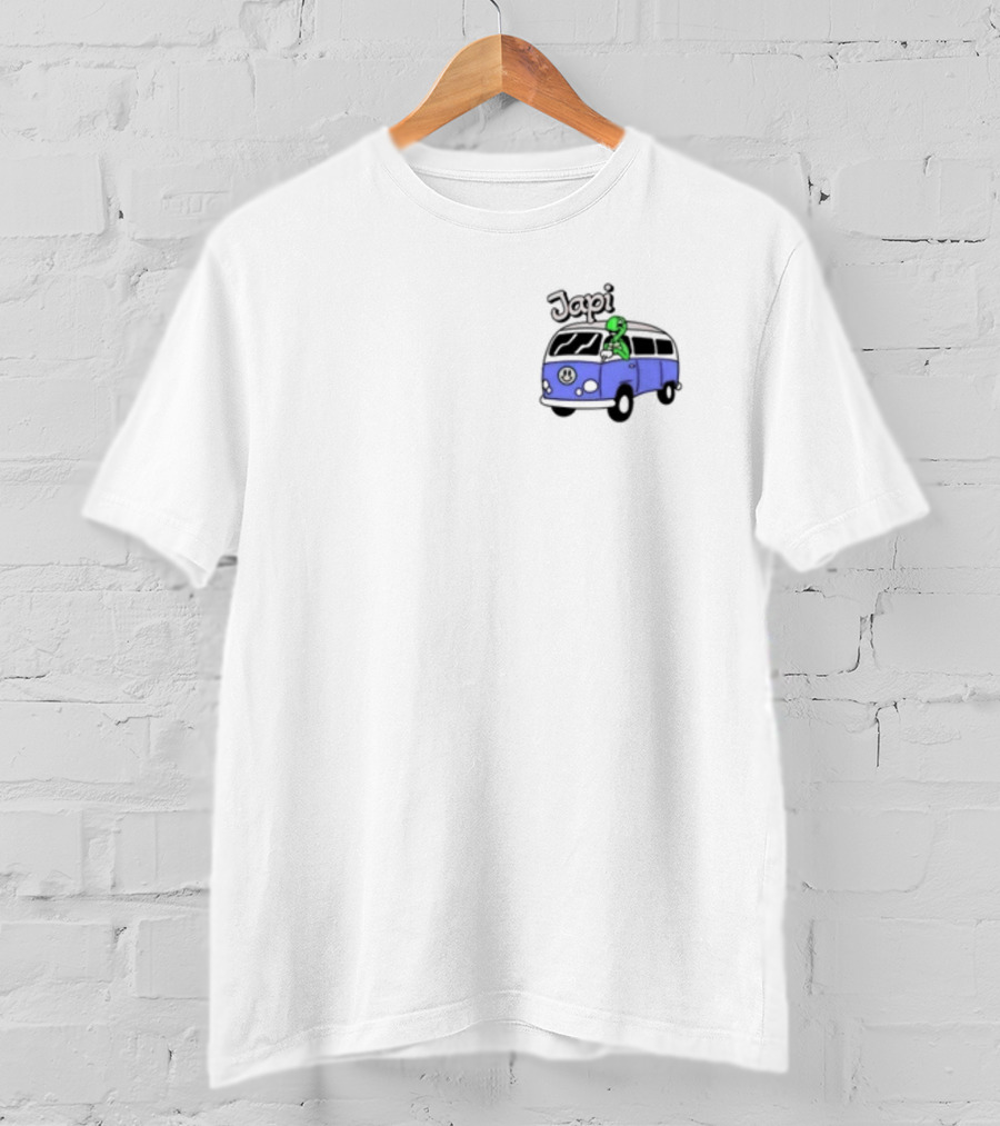 Japi Alien Character Surfer Riding Blue Peace Bus T-Shirt