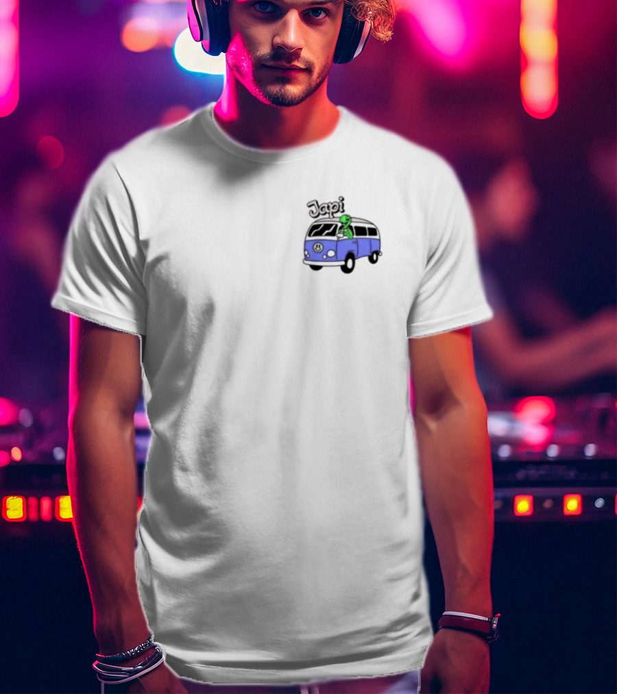 Japi Alien Character Surfer Riding Blue Peace Bus T-Shirt