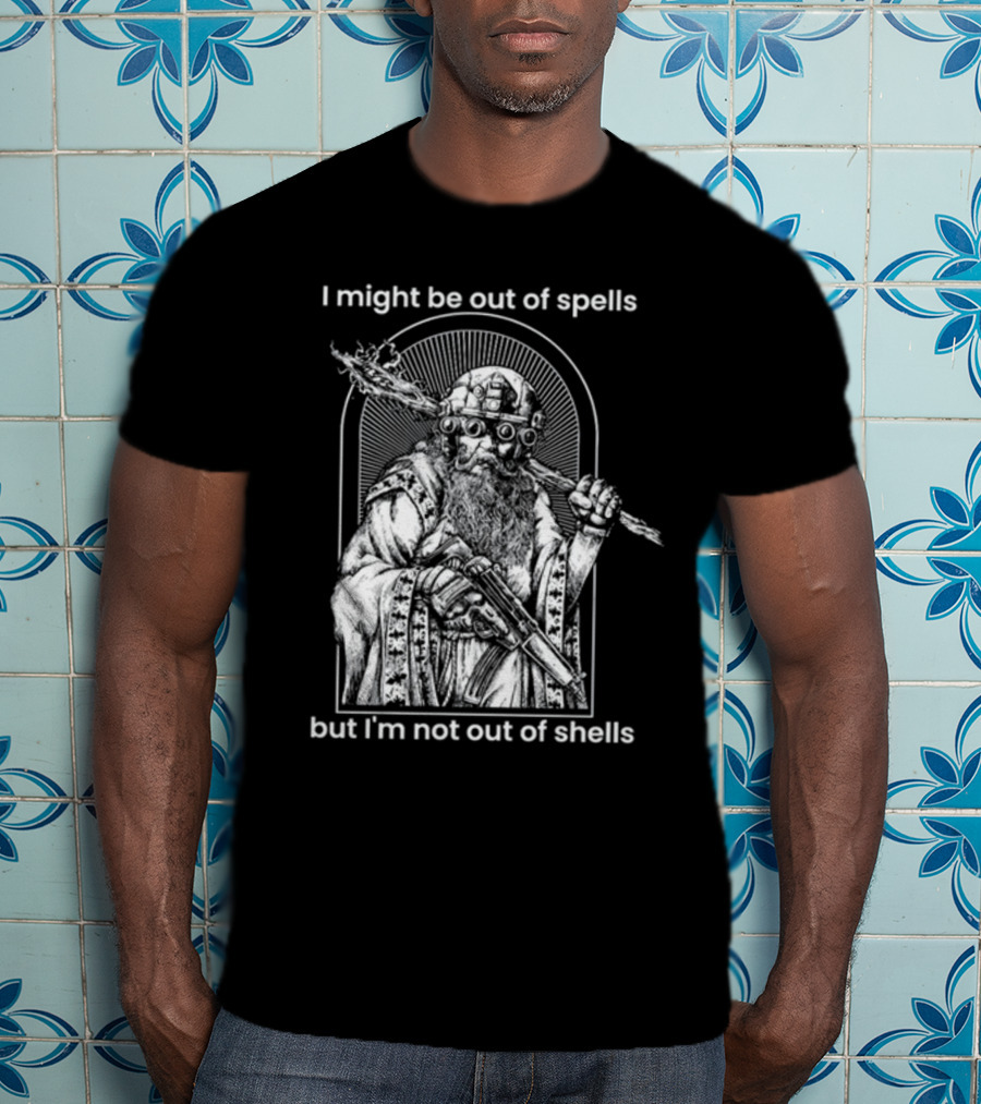 Samwise7rpg I Might Be Out Of Spells But I'm Not Out Of Shells Wizard Holding Shotgun And Staff T-Shirt