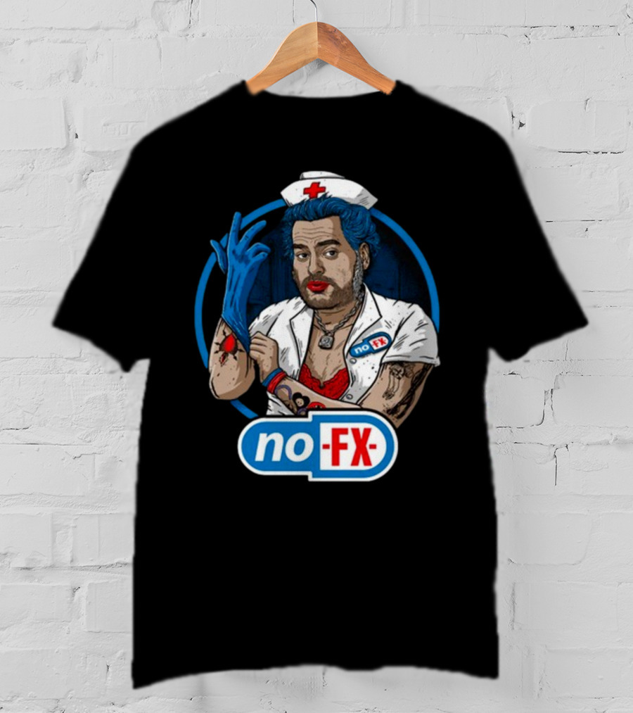 NOFX Blue Haired Nurse Mike Character In Red Lingerie With Tattoos And Blue Glove T-Shirt