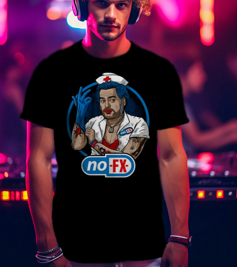 NOFX Blue Haired Nurse Mike Character In Red Lingerie With Tattoos And Blue Glove T-Shirt