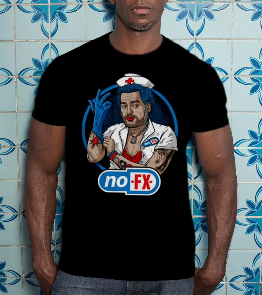 NOFX Blue Haired Nurse Mike Character In Red Lingerie With Tattoos And Blue Glove T-Shirt