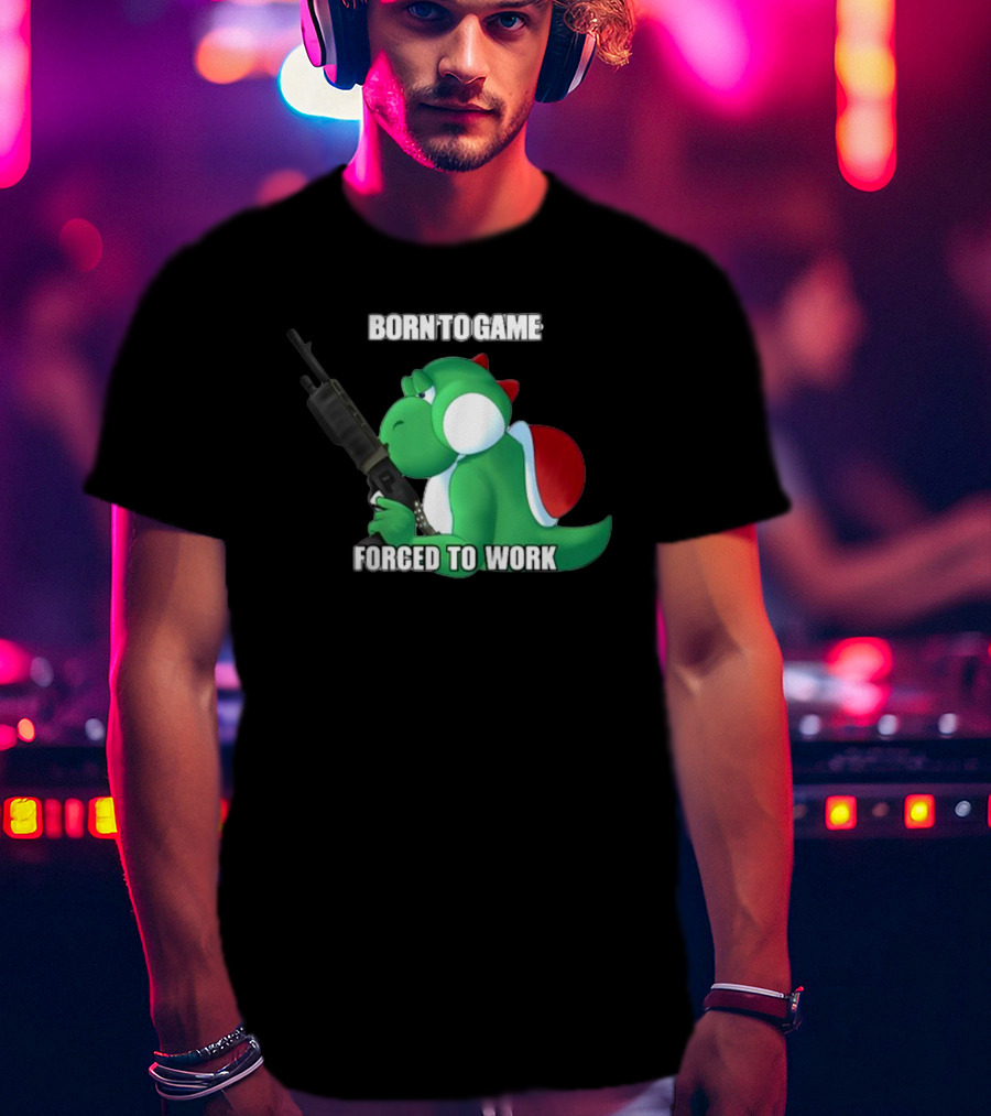 Born To Game Forced To Work Green Dinosaur Headphones Gaming Character T-Shirt