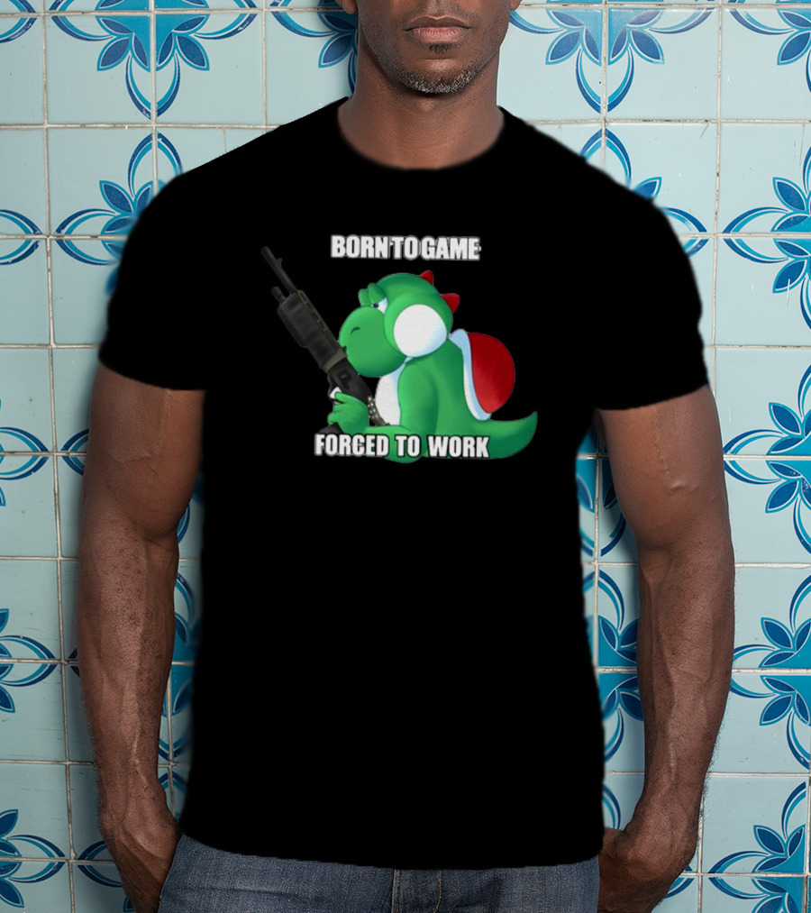 Born To Game Forced To Work Green Dinosaur Headphones Gaming Character T-Shirt