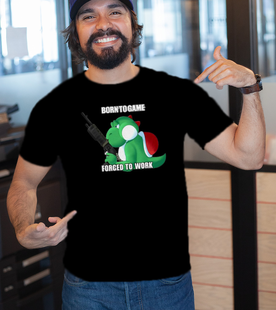 Born To Game Forced To Work Green Dinosaur Headphones Gaming Character T-Shirt