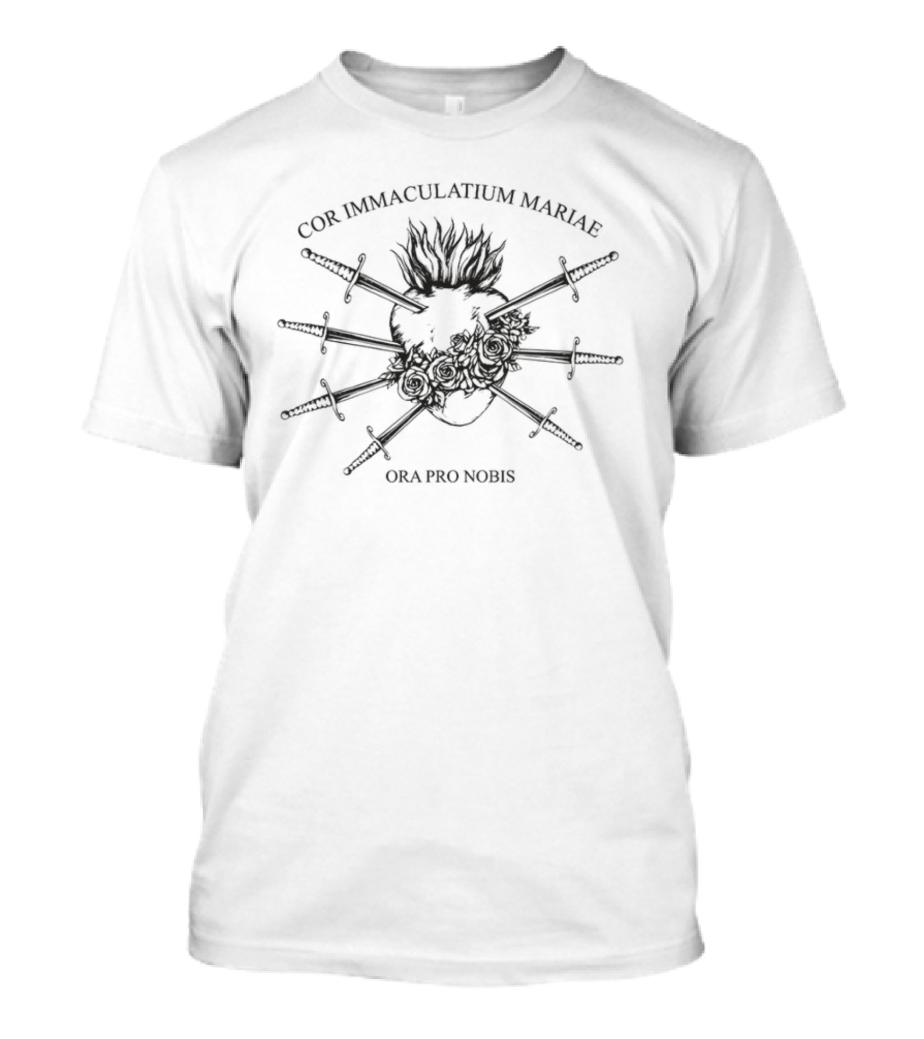Cor Immaculatum Mariae Ora Pro Nobis Swords And Flaming Heart T-Shirt