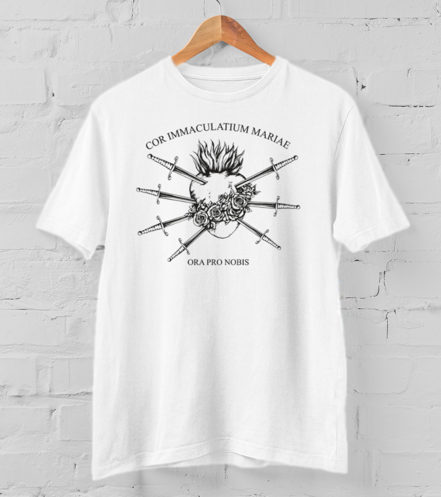 Cor Immaculatum Mariae Ora Pro Nobis Swords And Flaming Heart T-Shirt
