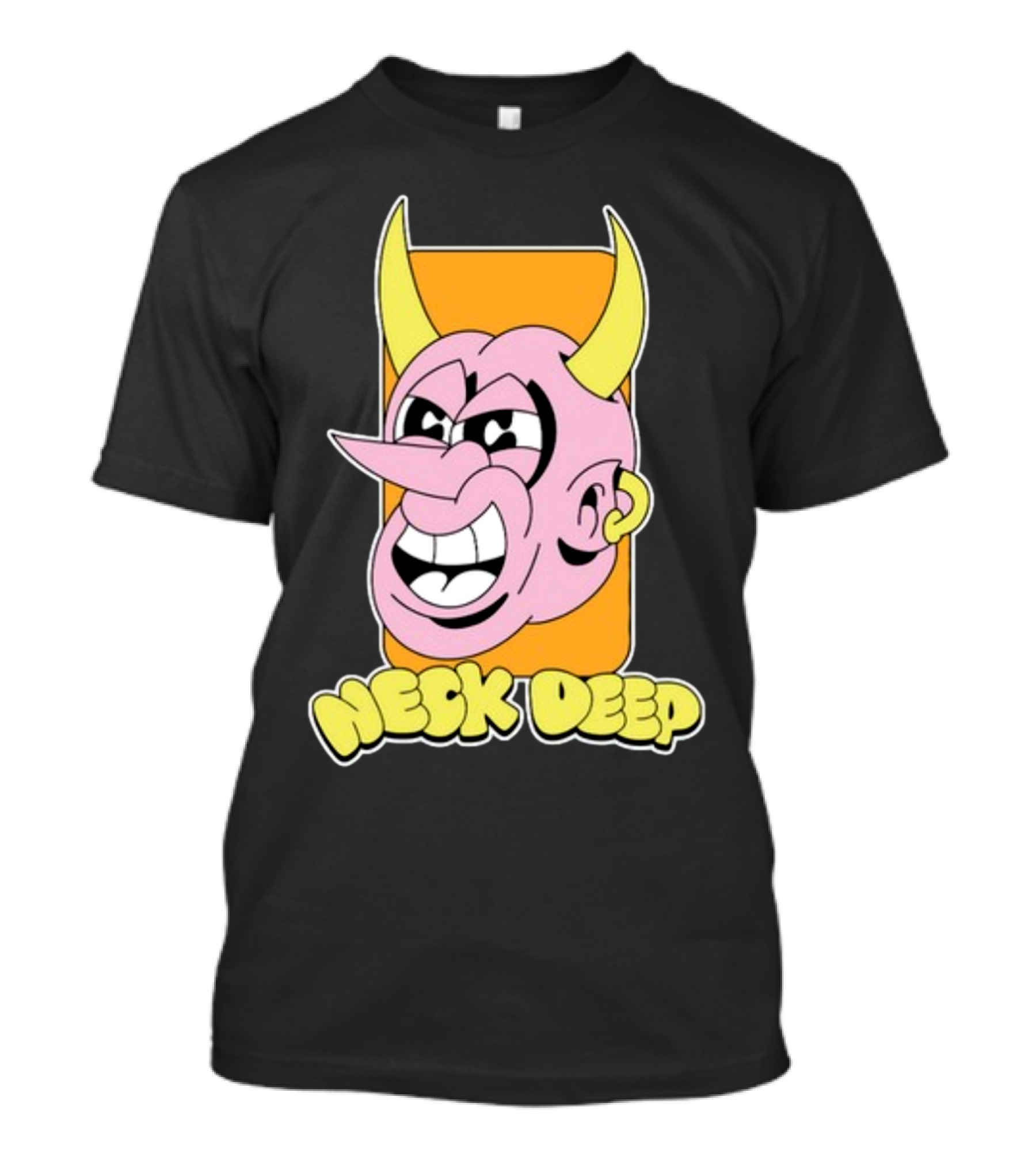 NeckDeepUK Neck Deep Cartoon Devil Face Yellow Horns Pink Head T-Shirt