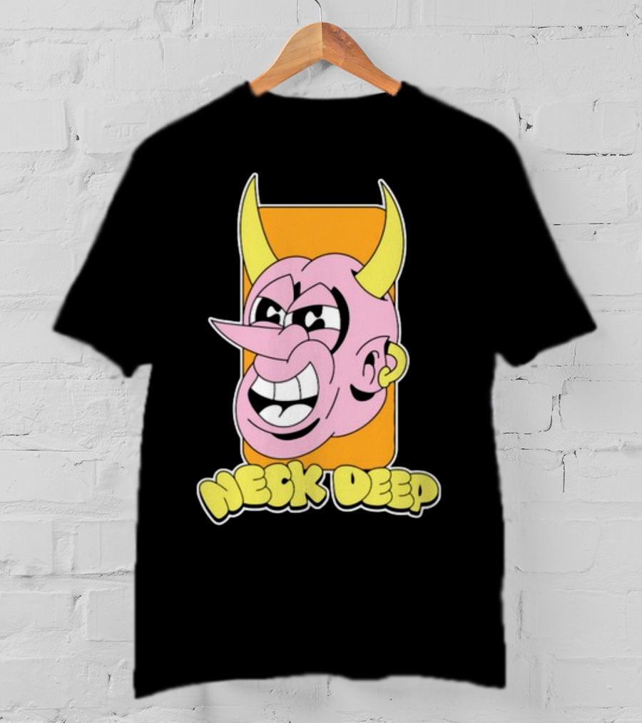 NeckDeepUK Neck Deep Cartoon Devil Face Yellow Horns Pink Head T-Shirt