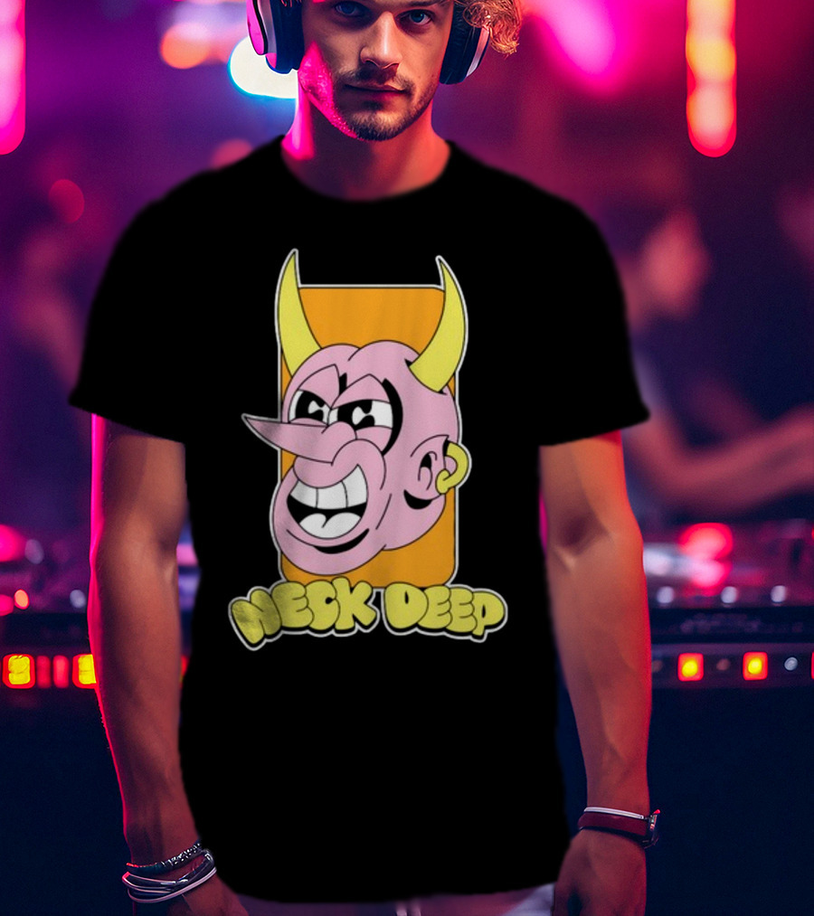 NeckDeepUK Neck Deep Cartoon Devil Face Yellow Horns Pink Head T-Shirt