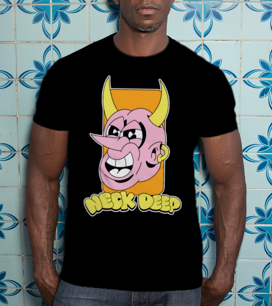 NeckDeepUK Neck Deep Cartoon Devil Face Yellow Horns Pink Head T-Shirt