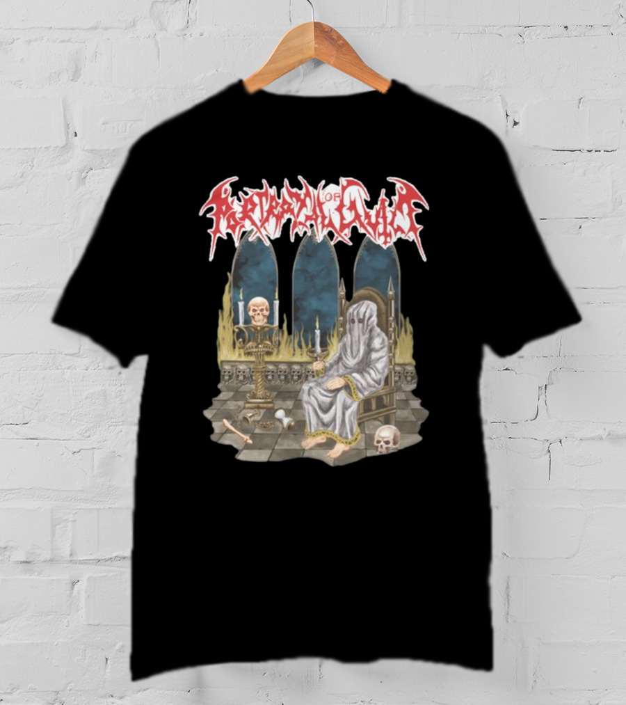 Portrayal Of Guilt Eyedust Cloaked Figure With Skull Throne And Candles T-Shirt