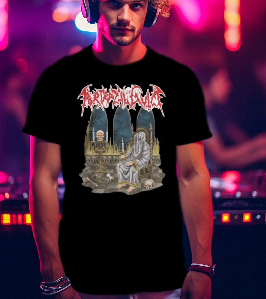 Portrayal Of Guilt Eyedust Cloaked Figure With Skull Throne And Candles T-Shirt