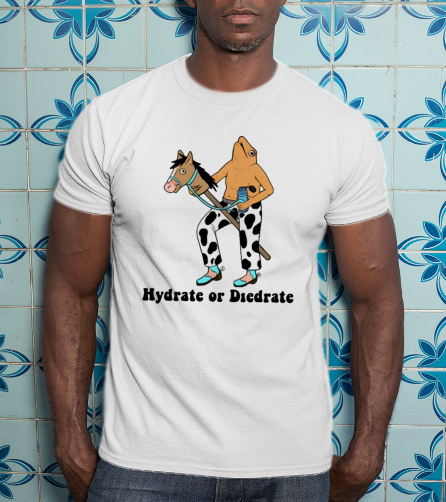 Hydrate Or Diedrate Frog Head On Human Riding Stick Horse With Cow Pants And Water Bottle T-Shirt