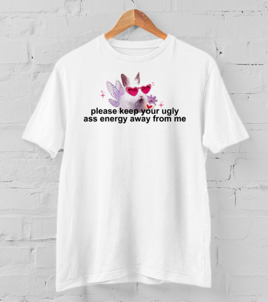Cherrykitten Please Keep Your Ugly Ass Energy Away From Me Heart Sunglasses Cat With Wings And Flowers T-Shirt
