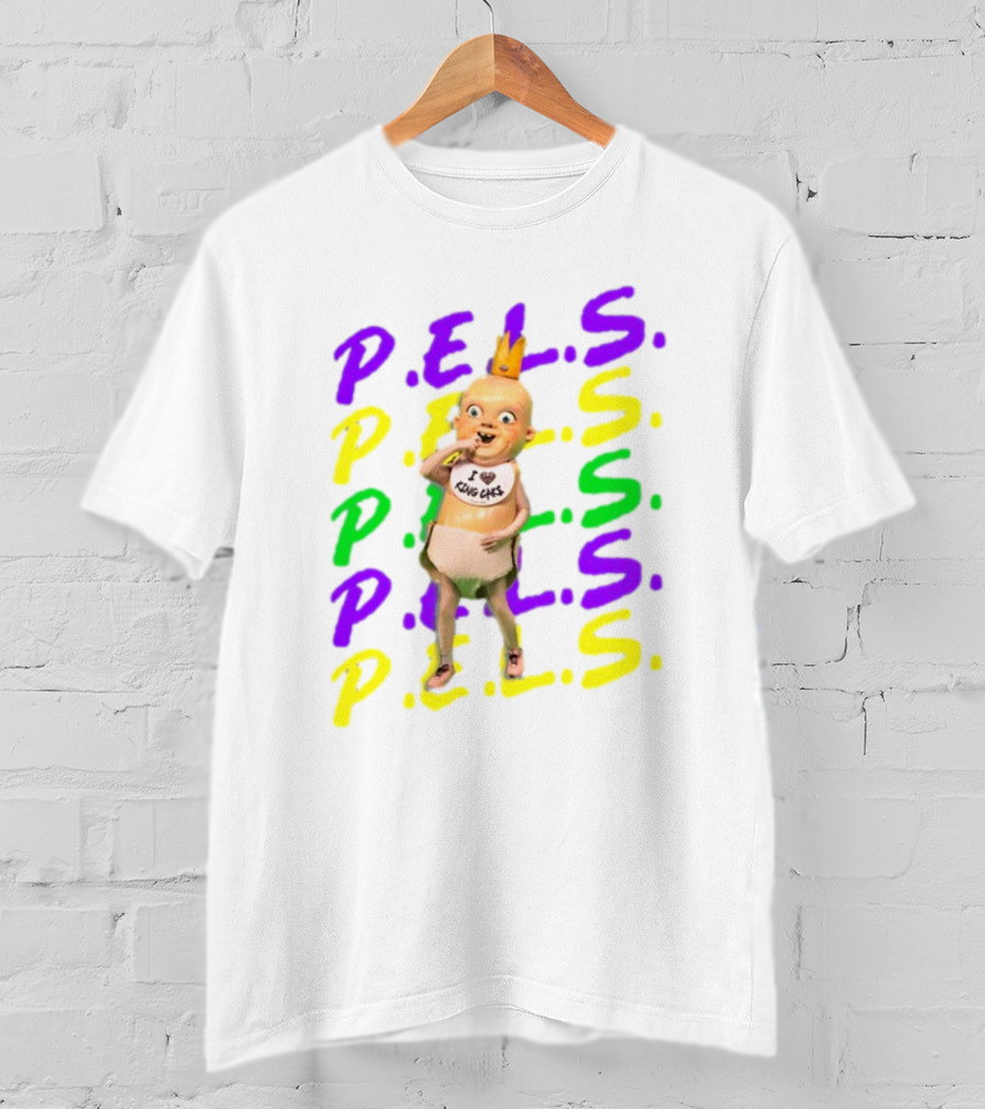 P.E.L.S King Cakes Baby Icon Text In Purple Green Yellow T-Shirt