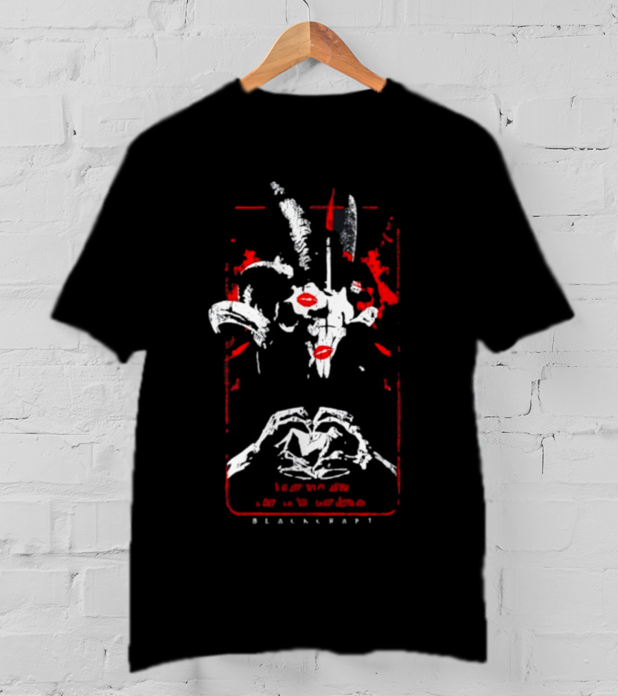 Blackcraftcult Demonic Goat Skull With Red Accents And Hand Heart T-Shirt