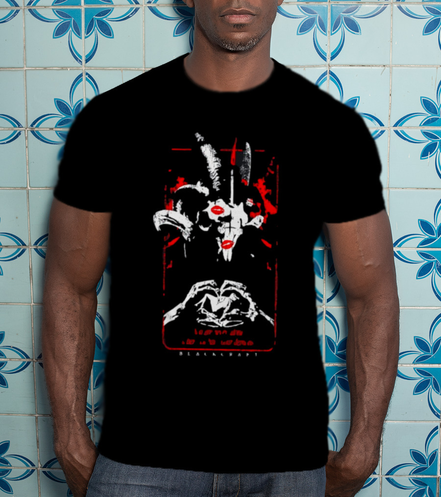 Blackcraftcult Demonic Goat Skull With Red Accents And Hand Heart T-Shirt